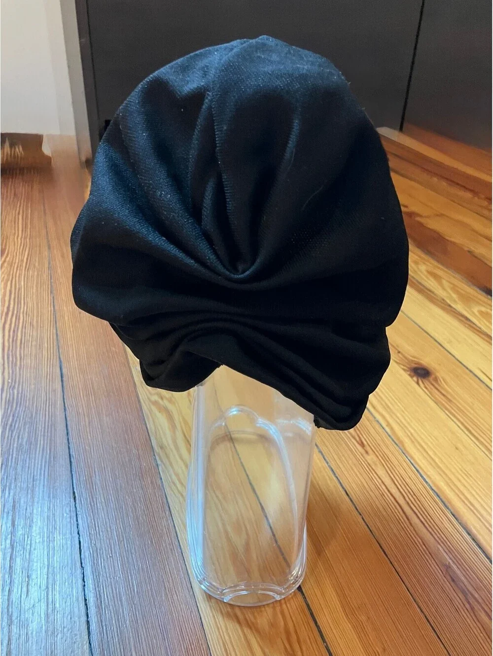Vintage Black Knit Turban Hat Twisted Knot Front Gathered Crown 40s 70s Style